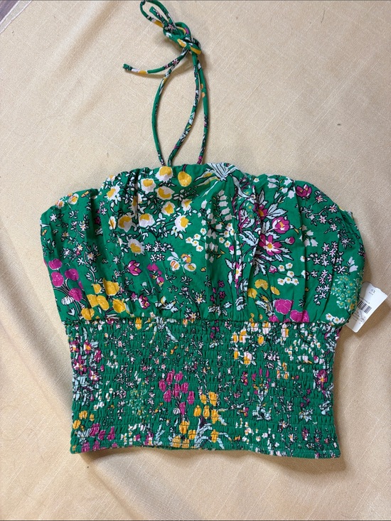 Maeve Tops - Maeve Green Floral Smocked Halter Crop Top with Yellow & Pink Flowers